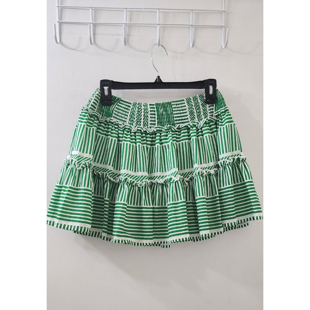 Aqua Womens Green White Striped Tiered Ruffle Smocked Mini Skirt Size XS